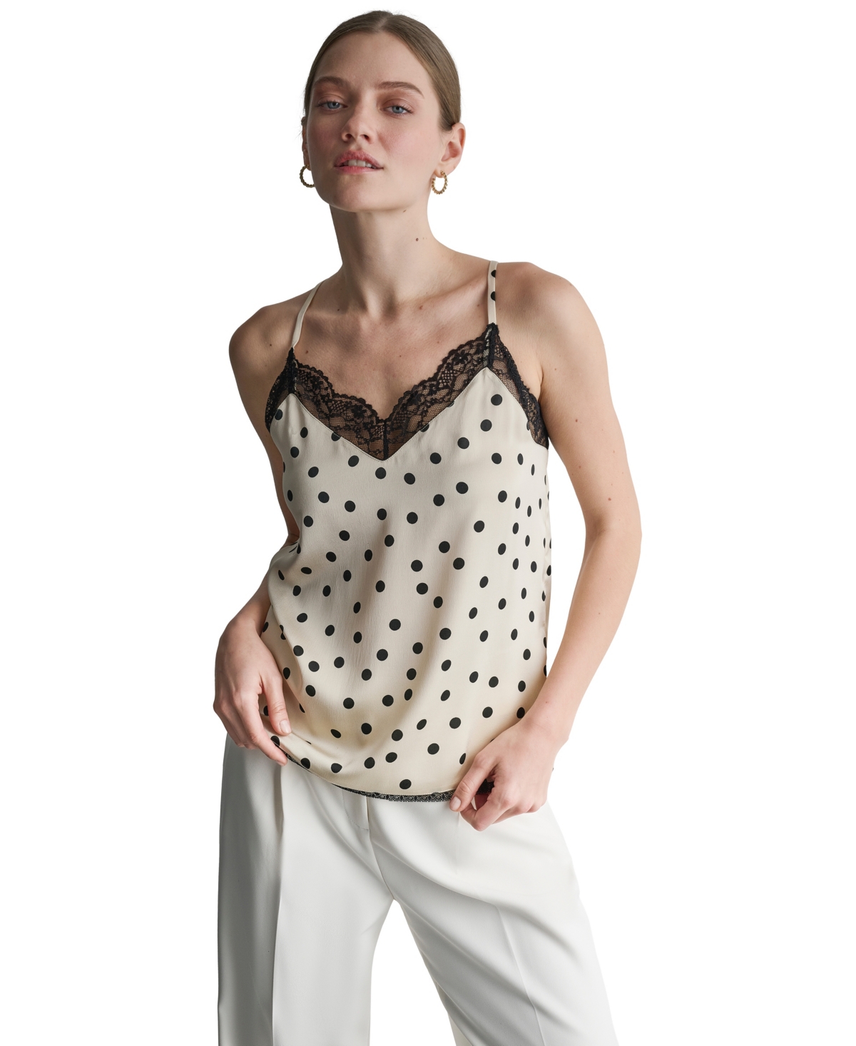 Bcbg Women's Polka Dot V-Neck Lace Camisole Top - Buttercream/Black