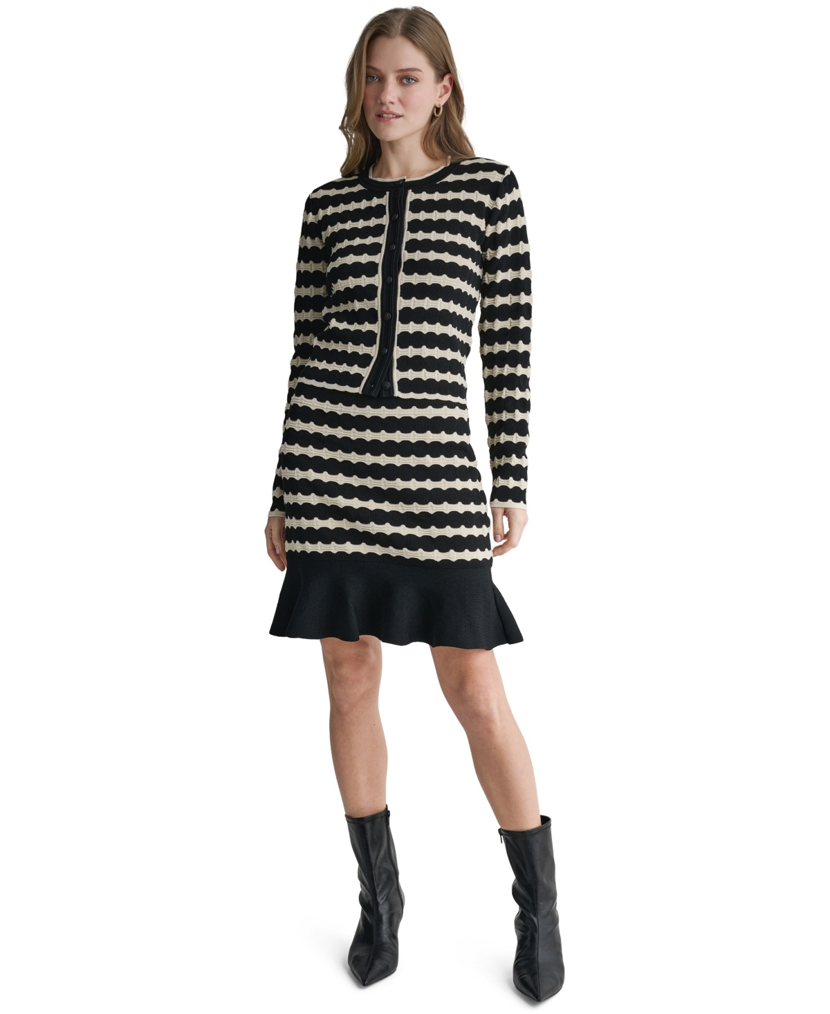Bcbg Women's Striped Crew Neck Cardigan In Black,buttercream