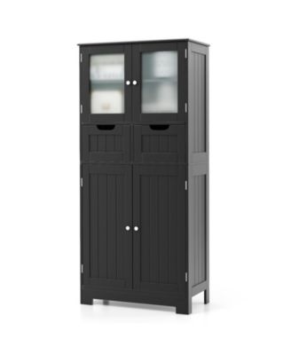 4-Door Freestanding Bathroom Floor Storage Cabinet with 2 Drawers and Glass Doors