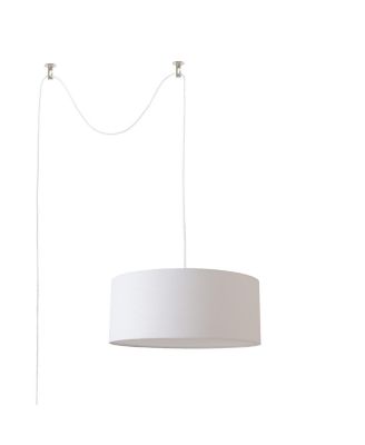 Stretch Swag Lamp, White Linen Drum Shade, Satin Nickel, for Living Room or Bedroom