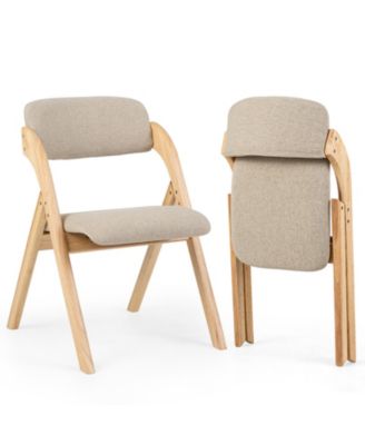 Folding Dining Chairs with Cushion, Linen Fabric Padded Seat, Wood Frame