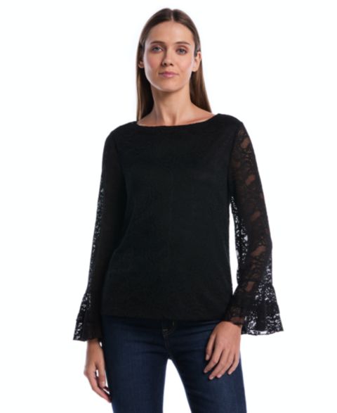 Женская блузка Rafaella Petite Boat Neck Lace Long-Ruffle-Sleeve, цвет: Чёрный