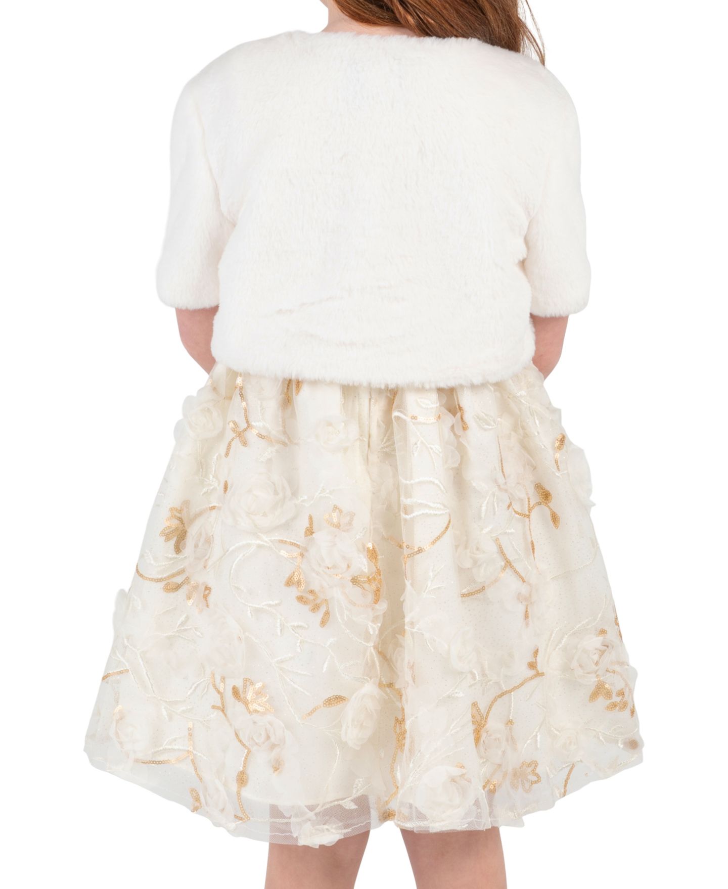 Платья Rare Editions 3-D Flower Soutache Fit & Flare Faux Fur Bolero and Dress, 2-Piece Set для девочек, цвет: Слоновая кость — фото 2