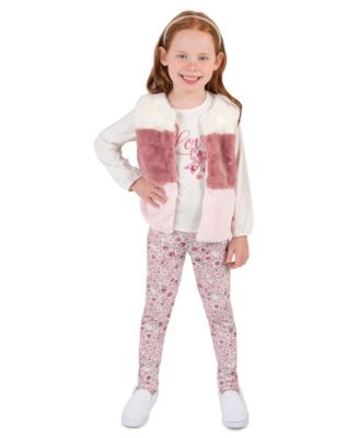 Girls' 2T-6X Long-Sleeve Faux Fur Top, Vest and Leggings, 3-Piece Set