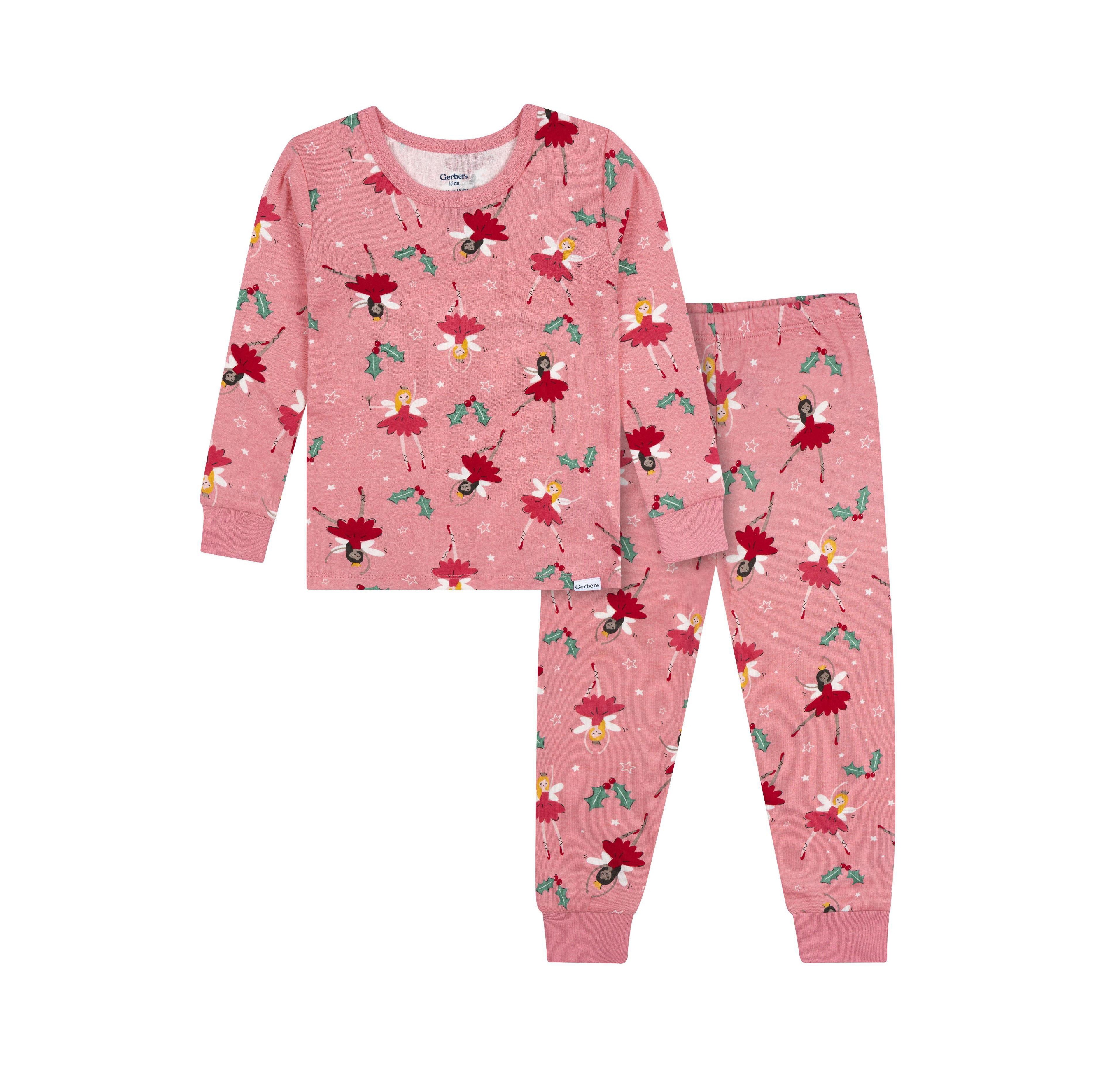Gerber Baby Girls' 12M-5T Long-Sleeve Holiday-Print Cotton-Blend Pajama Top and Pants, 2-Piece Set
