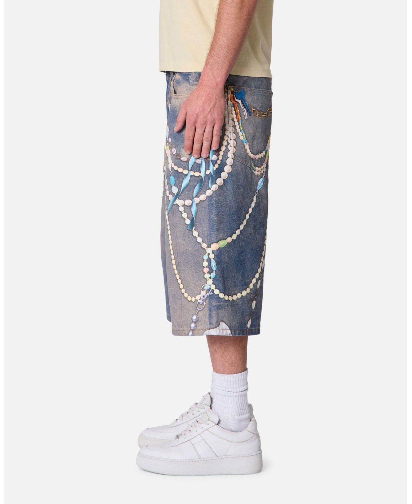 Мужские шорты mnml Chain Printed Baggy Denim, 14" Inseam, цвет: Средний синий — фото 4