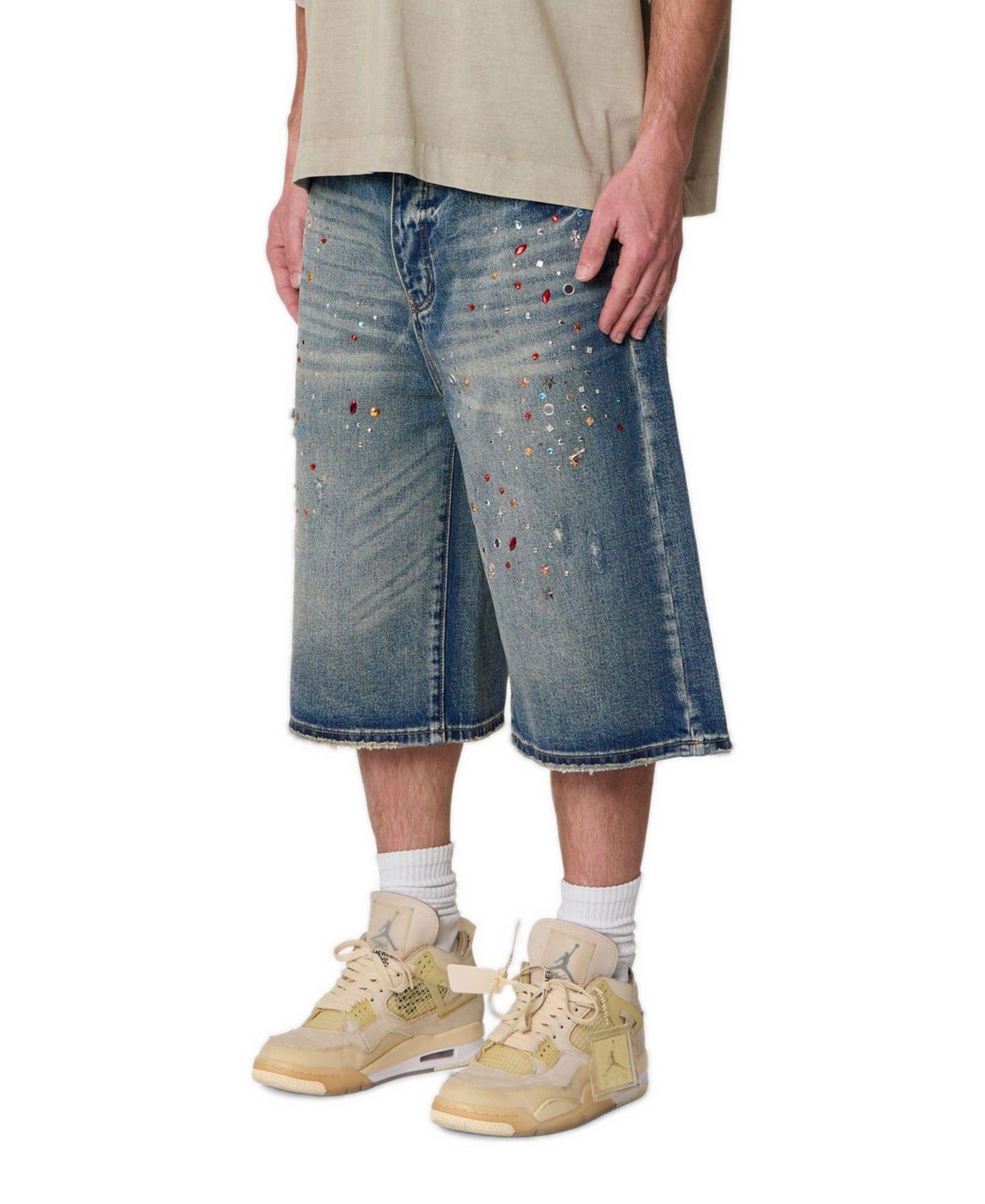 Мужские шорты mnml Ultra Baggy Rhinestone Denim, 14" Inseam, цвет: Средний синий — фото 2