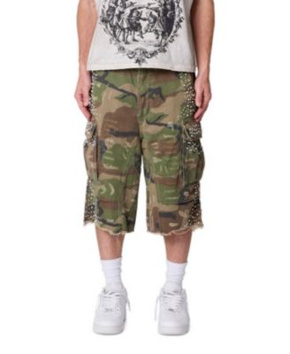 Men's Pearled Cargo Baggy-Fit Raw-Cut Frayed Hem Shorts, 10" Inseam