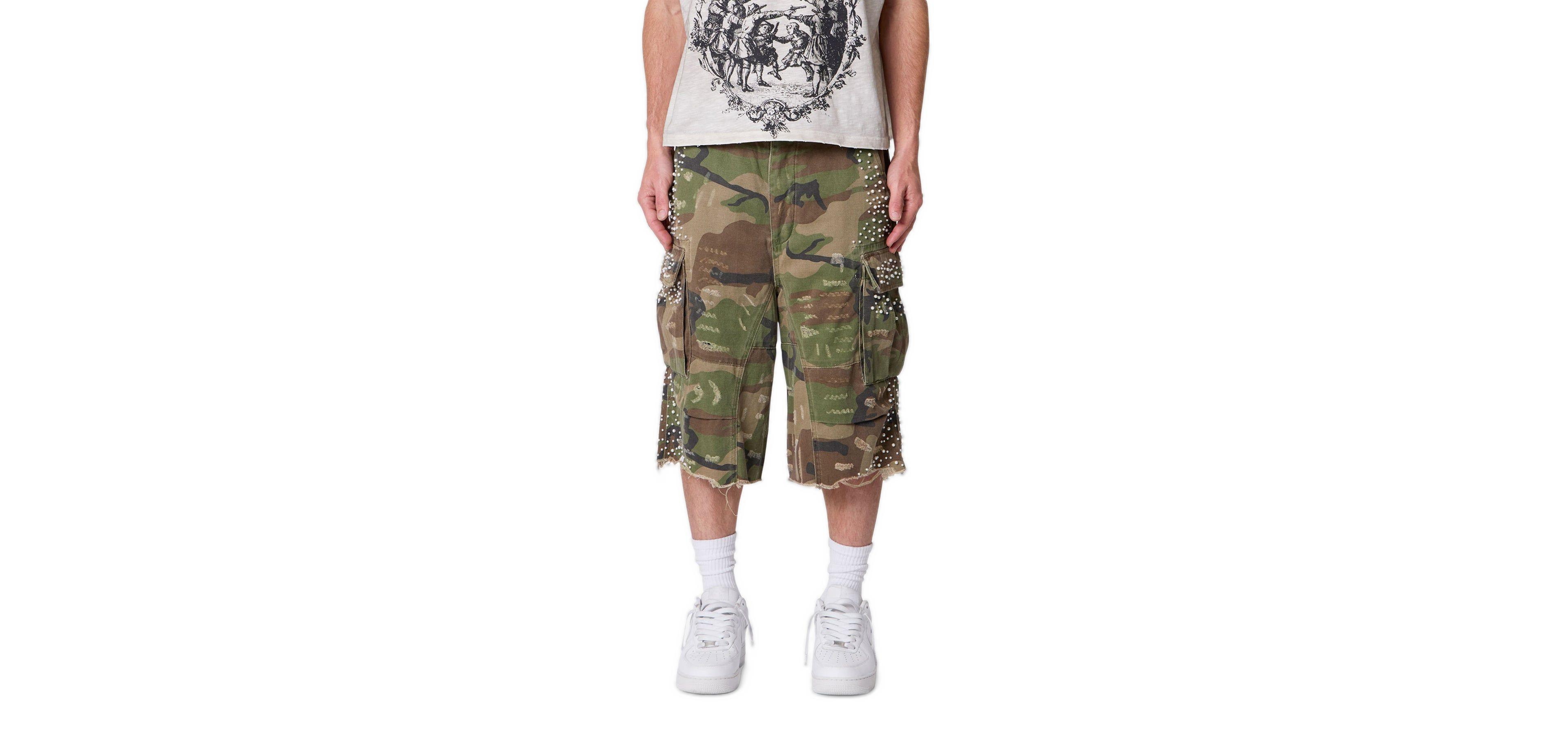 mnml Men's Pearled Cargo Baggy-Fit Raw-Cut Frayed Hem Shorts, 10" Inseam
