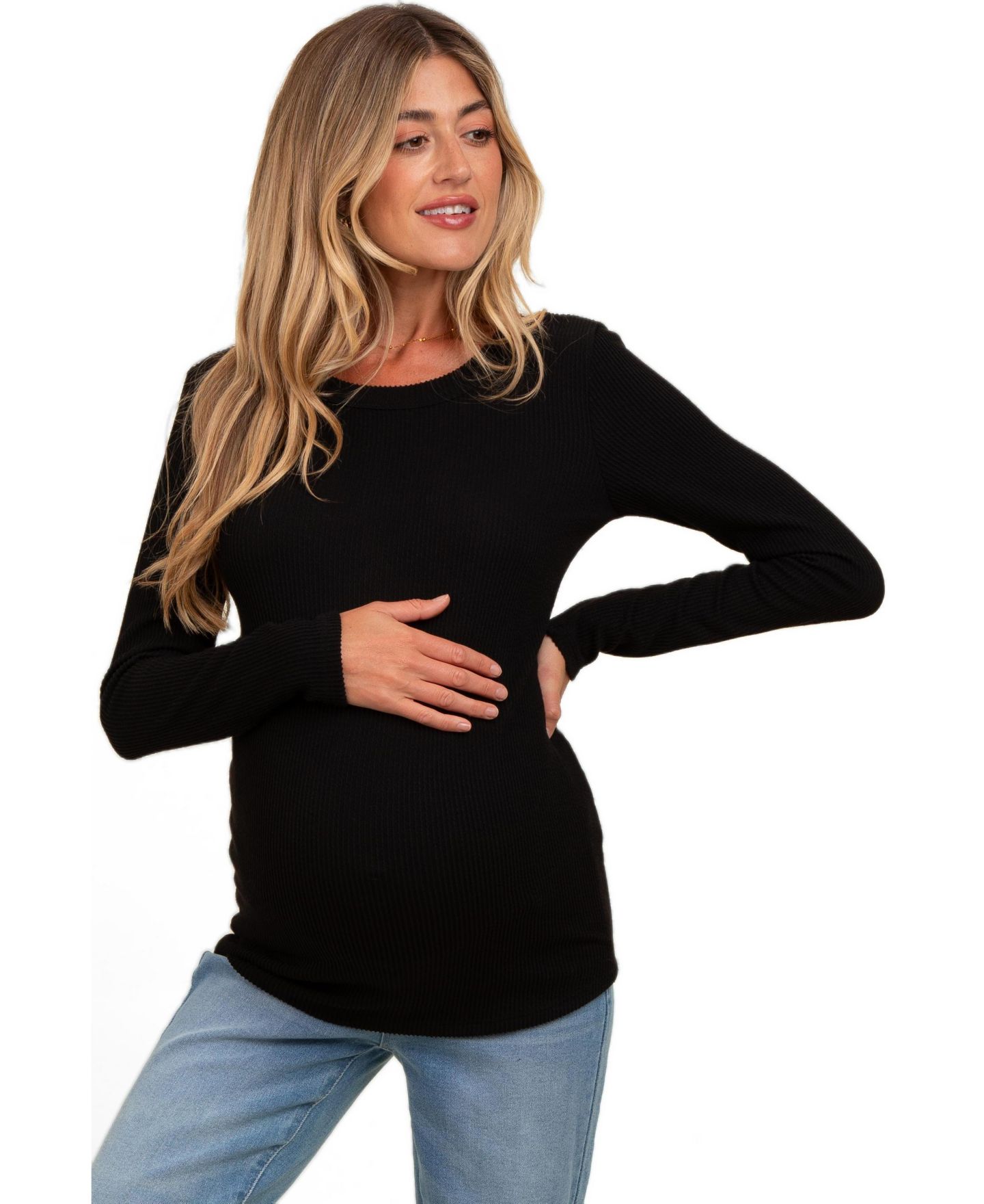 Женский топ Pinkblush Black Ribbed Scoop Neck Long Sleeve, цвет: Чёрный — фото 2