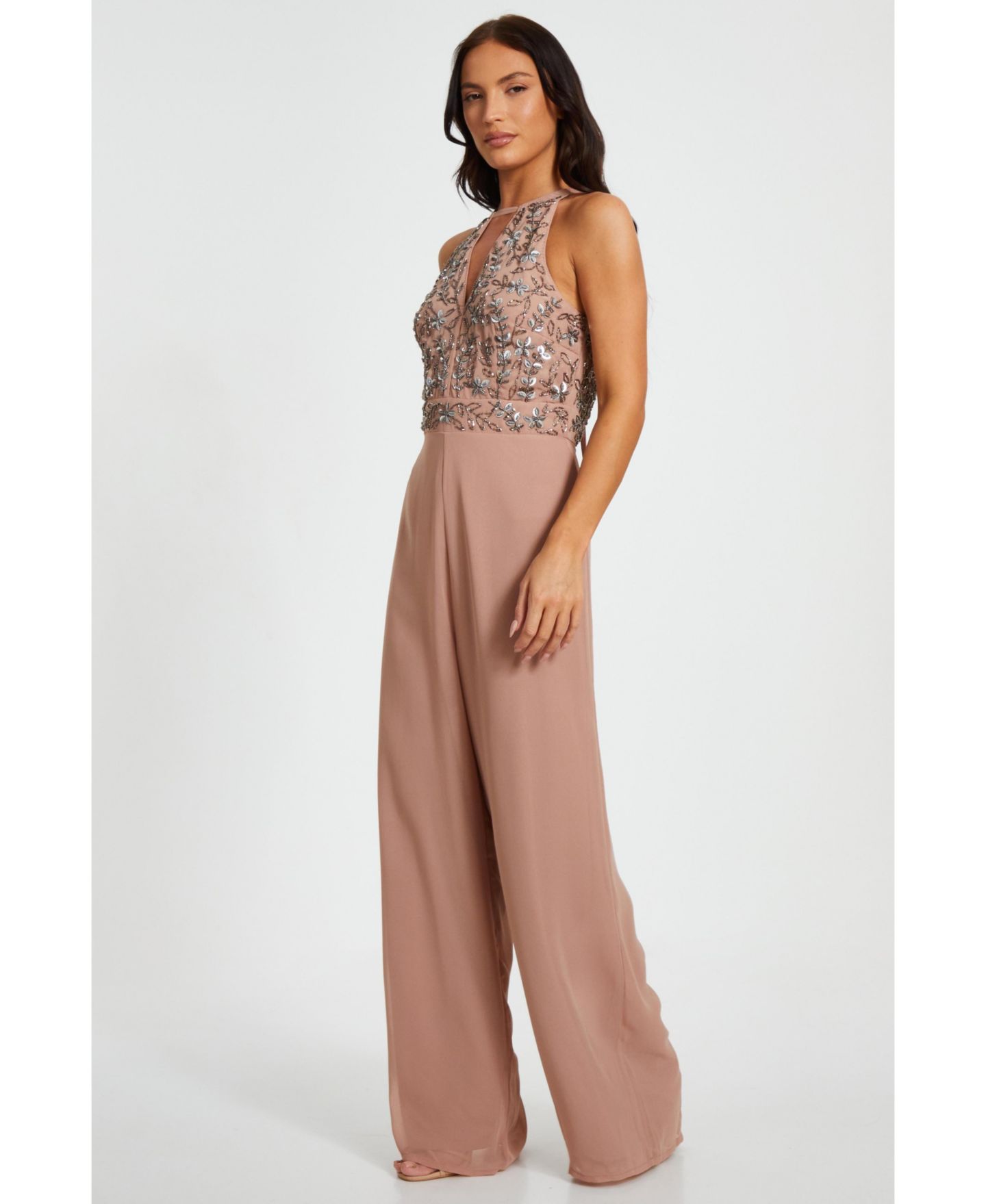 Женский комбинезон QUIZ Beaded V Neck Chiffon Jumpsuit, цвет: Мягкий розовый — фото 8