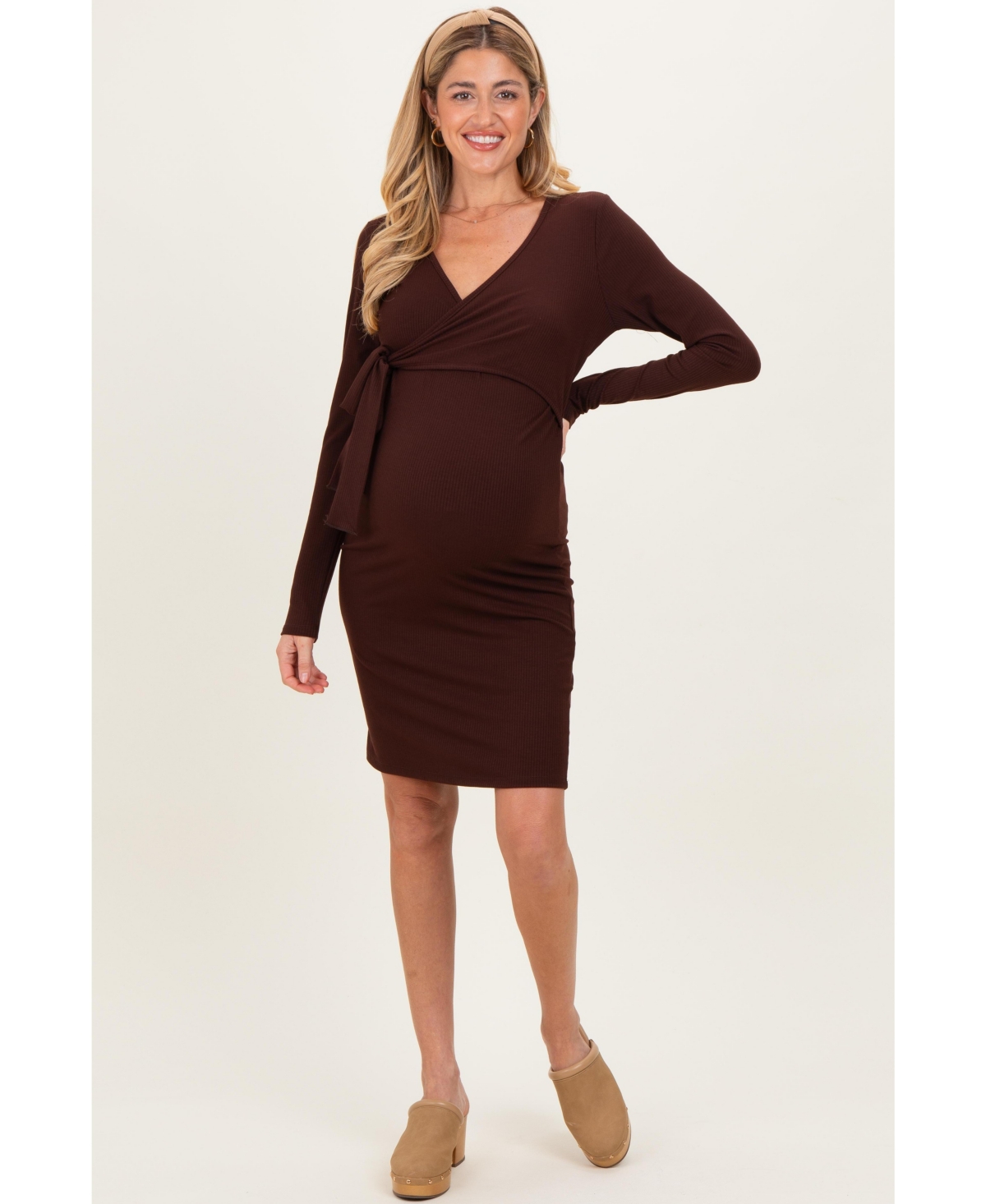 Pinkblush Women's Brown Ribbed Long Sleeve V-Neck Wrap Midi Dress