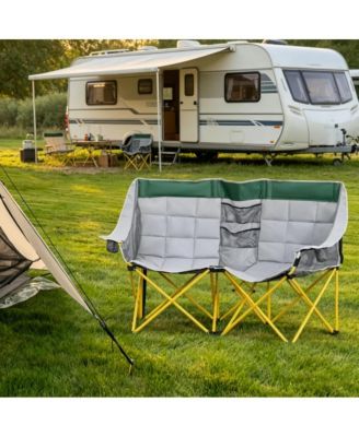 Double Folding Chair, Oxford, Metal, PP, Nylon Mesh Construction, Side-by-side camping chair with carry bag