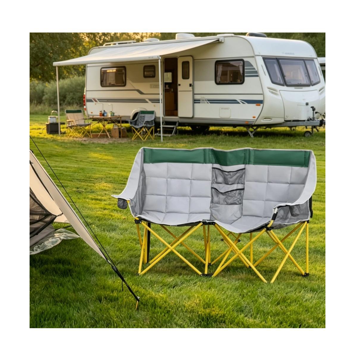 Sevorley Double Folding Chair, Oxford, Metal, Pp, Nylon Mesh Construction, Side-by-side camping chair with carry bag