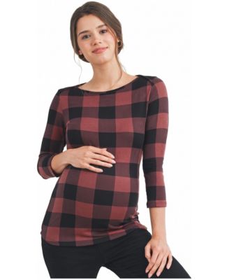 Maternity Plaid Boat Neck 3/4-Sleeve Top