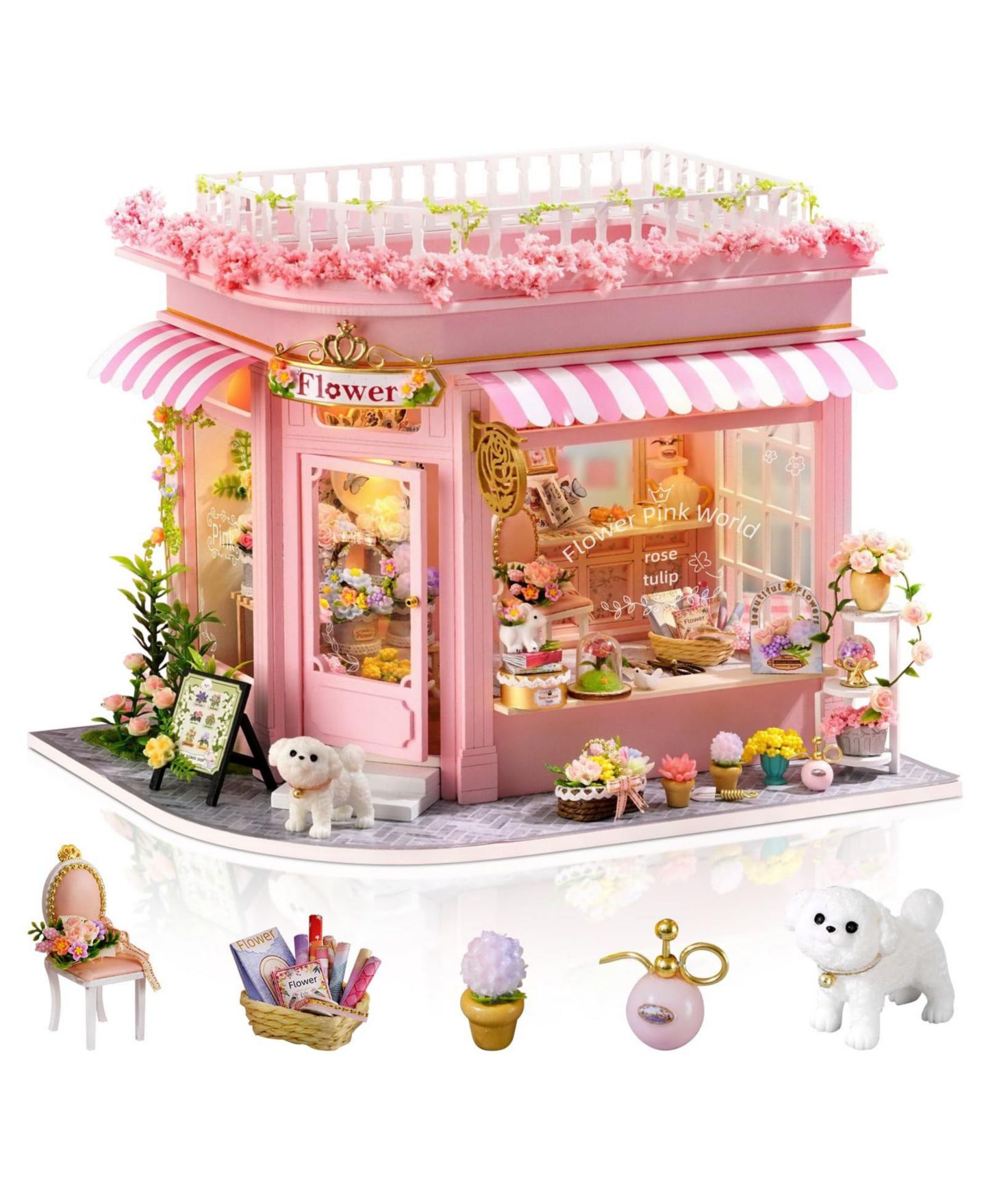 Детские аксессуары для кукол GNUADZ Diy Miniature Dollhouse Kit with LED Lights, 9.3" L x 6.9" W x 7.4" H, Ages 14+, цвет: Розовый — фото 1