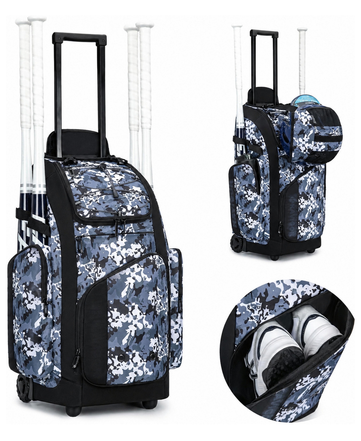 Peneyon Rolling Baseball Bag With Wheels 60L Capacity Holds 4 Bats And Sports Equipment