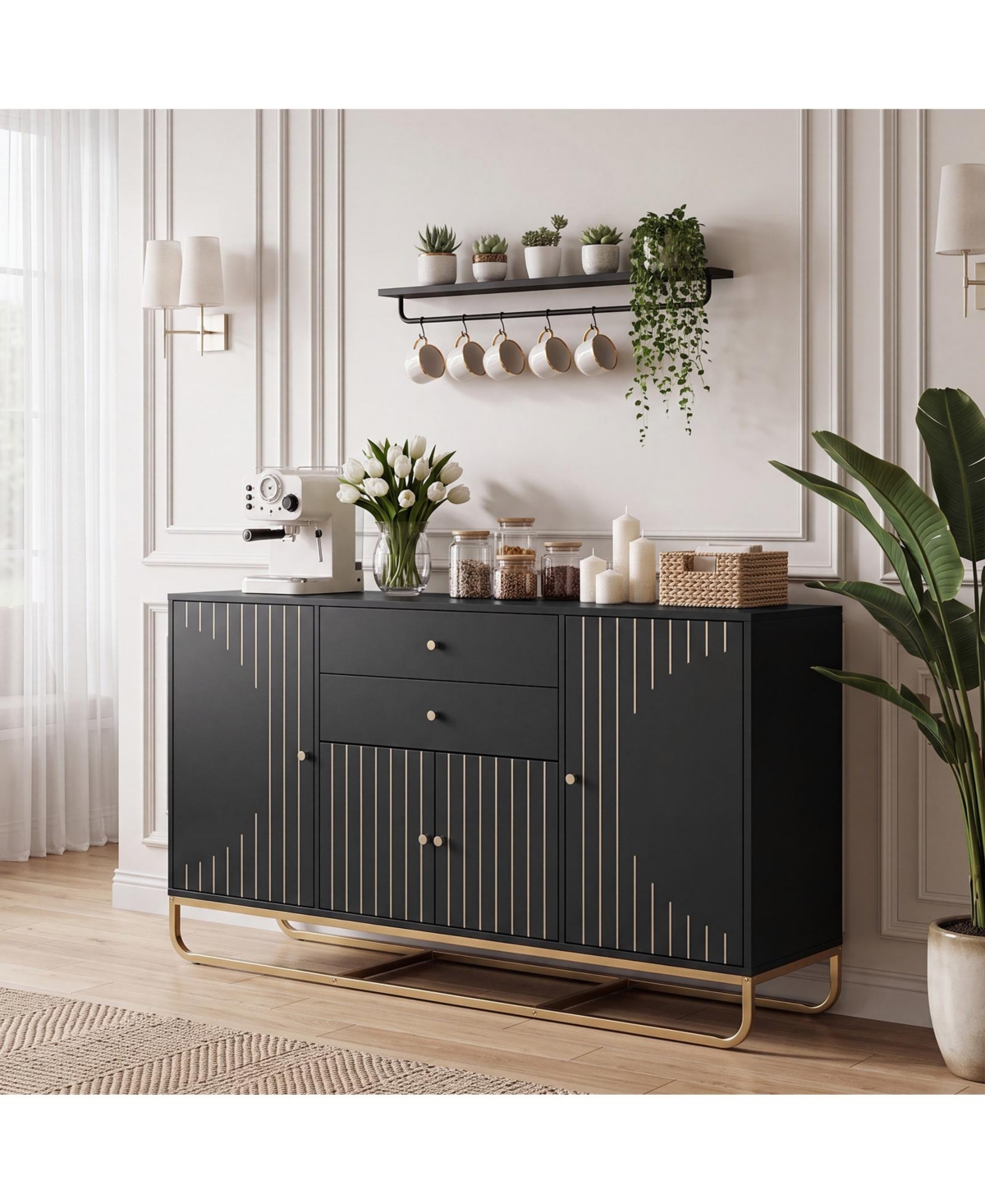 Costway 2-Drawer 5-Level Adjustable Shelf Geometric Design Buffet Sideboard Cabinet