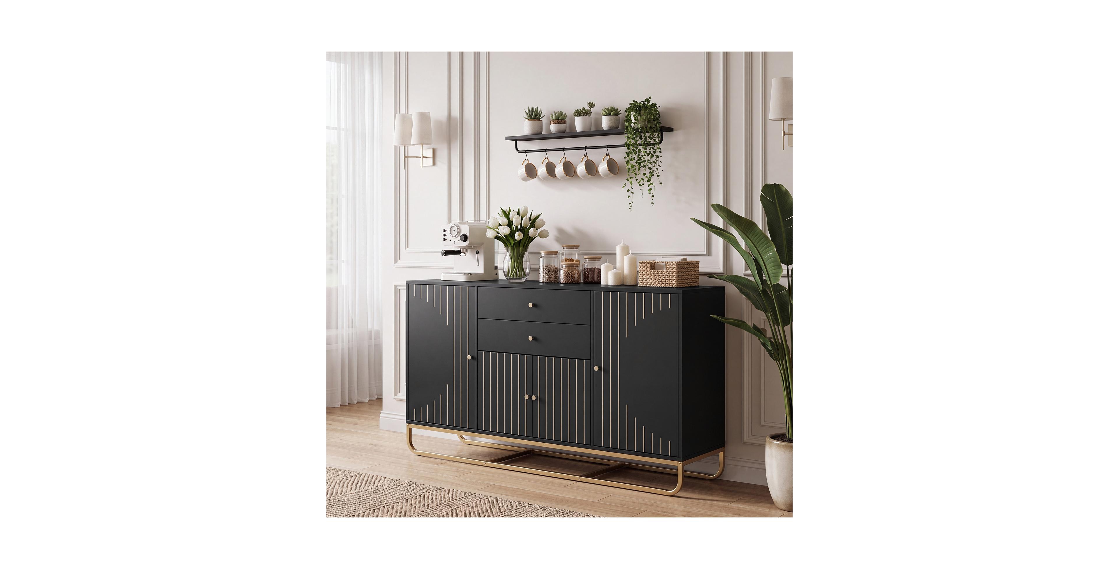 Costway 2-Drawer 5-Level Adjustable Shelf Geometric Design Buffet Sideboard Cabinet
