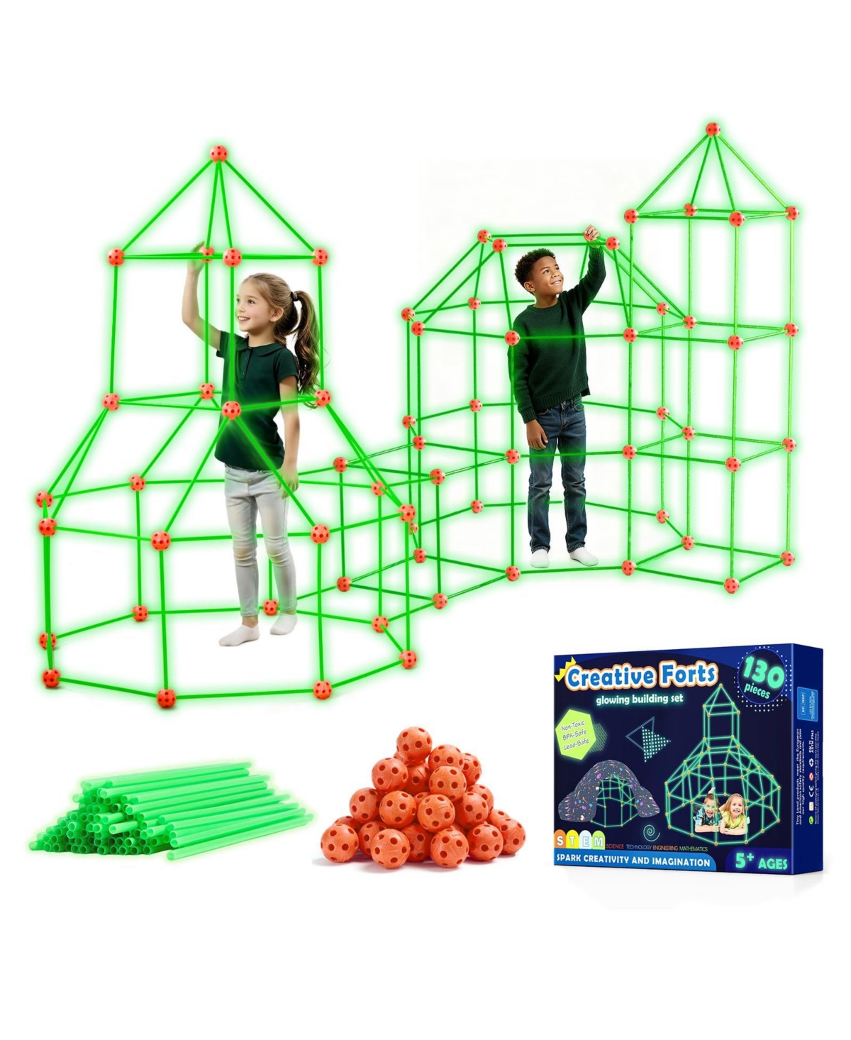 Gnuadz Glow Fort Building Kit 130-Piece Building Set, Ages 4-12
