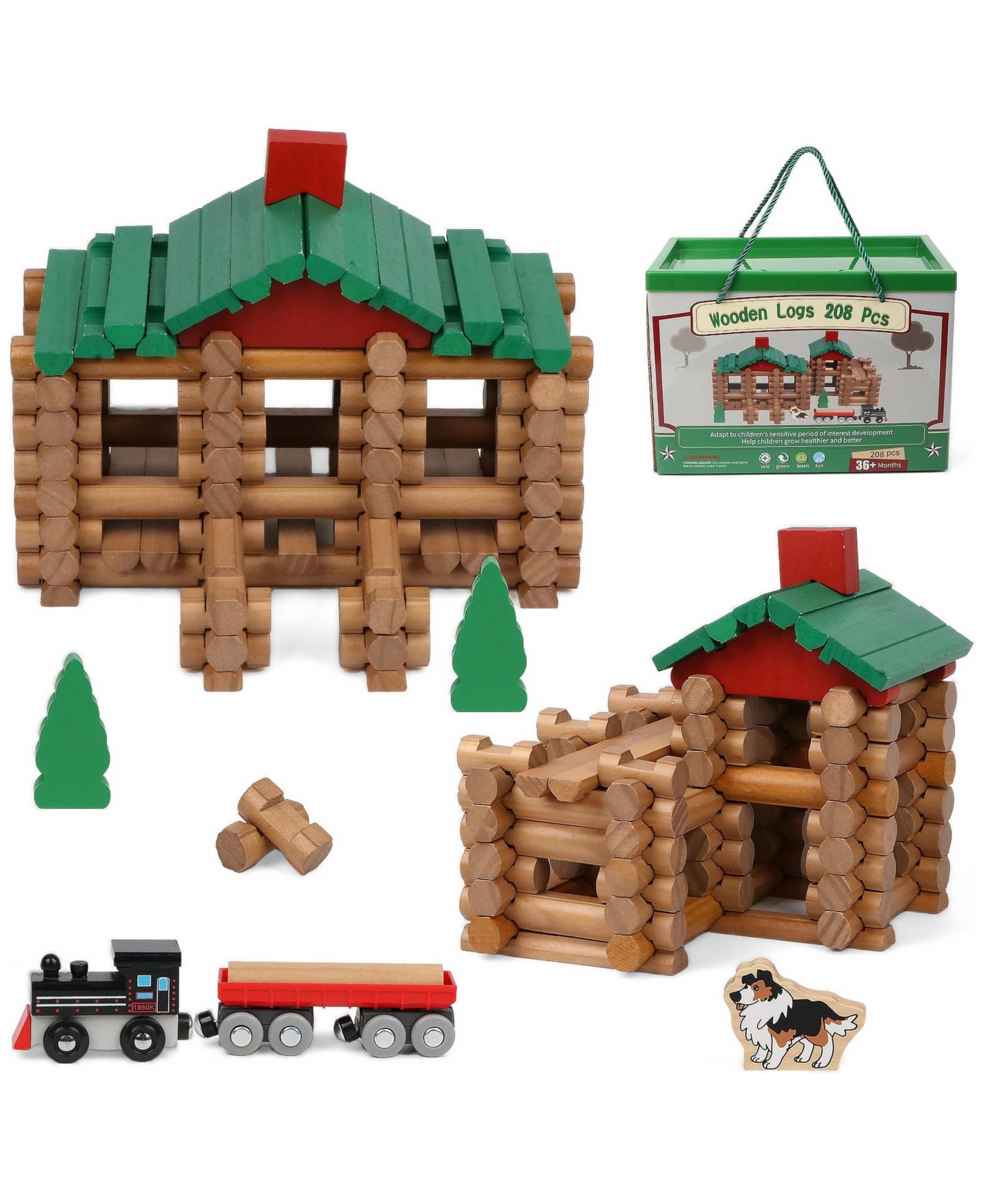 Детский конструктор GNUADZ Wooden Log 208-Piece Building Set, Ages 3+, цвет: Classic — фото 1