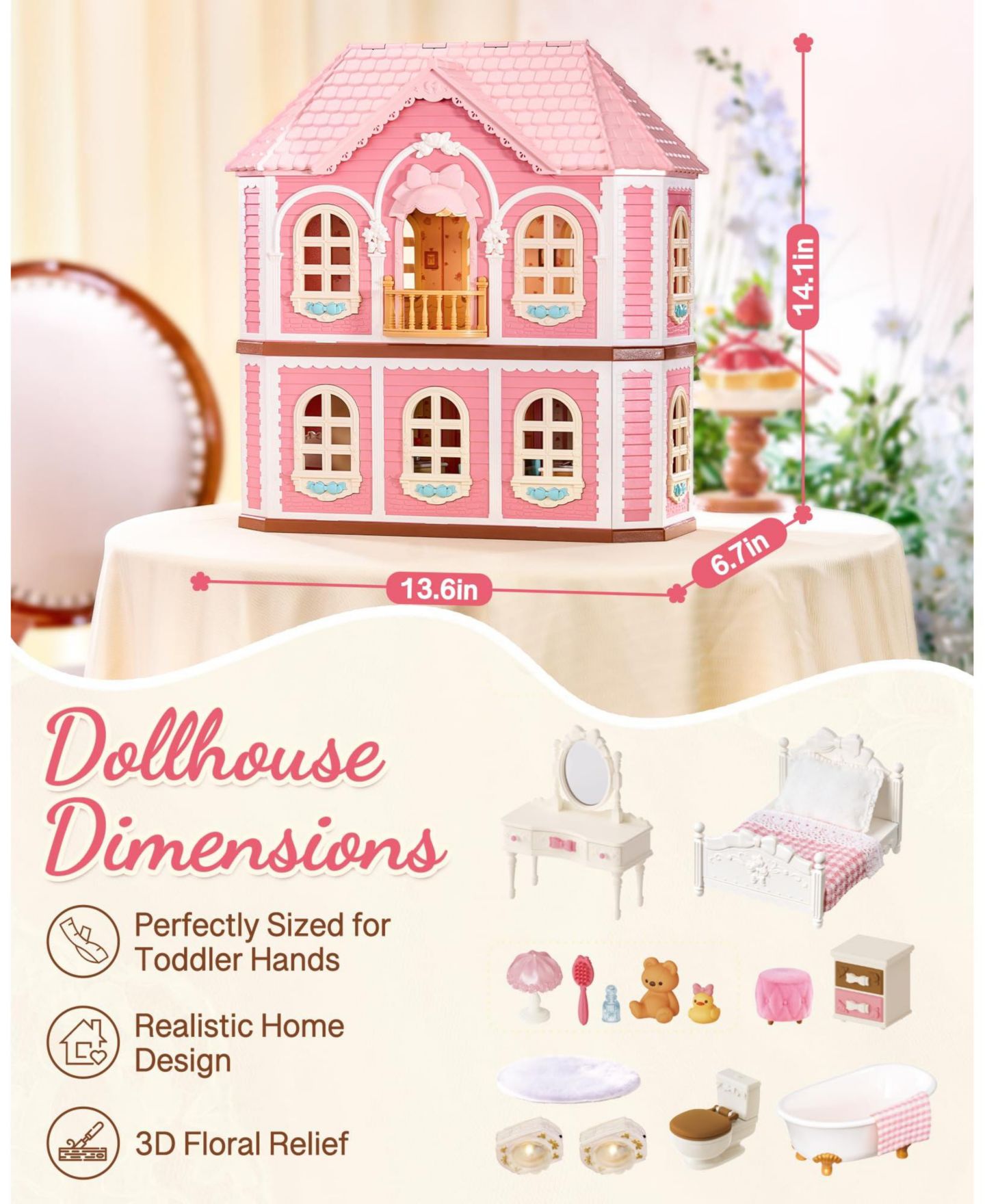 Детские аксессуары для кукол GNUADZ Diy 3-Story Dollhouse with LED Lighting, 14 Furniture Accessories, Ages 3+, цвет: Розовый — фото 4