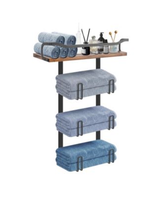 Towel Rack Wooden Shelf Metal Bathroom Hardware Organizer Wall Mounted