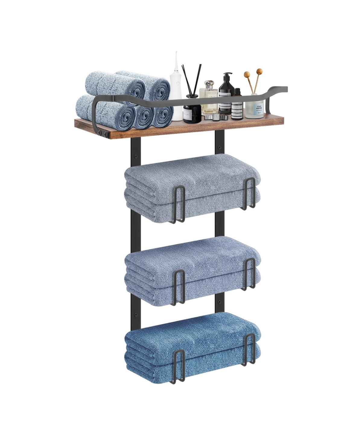 Cyqbd Towel Rack Wooden Shelf Metal Bathroom Hardware Organizer Wall Mounted - Black