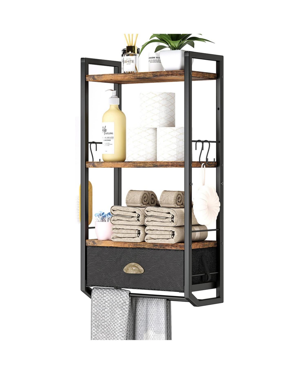 Cyqbd Bathroom Hardware Organizer Wall Mounted 3 Tier Towel Rack with Drawer Bars Hooks