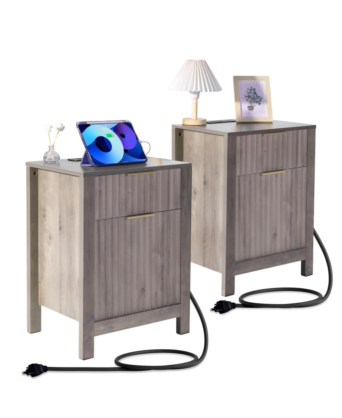 Sugift Farmhouse 2-Piece Nightstand Set with Built-In Charging Station