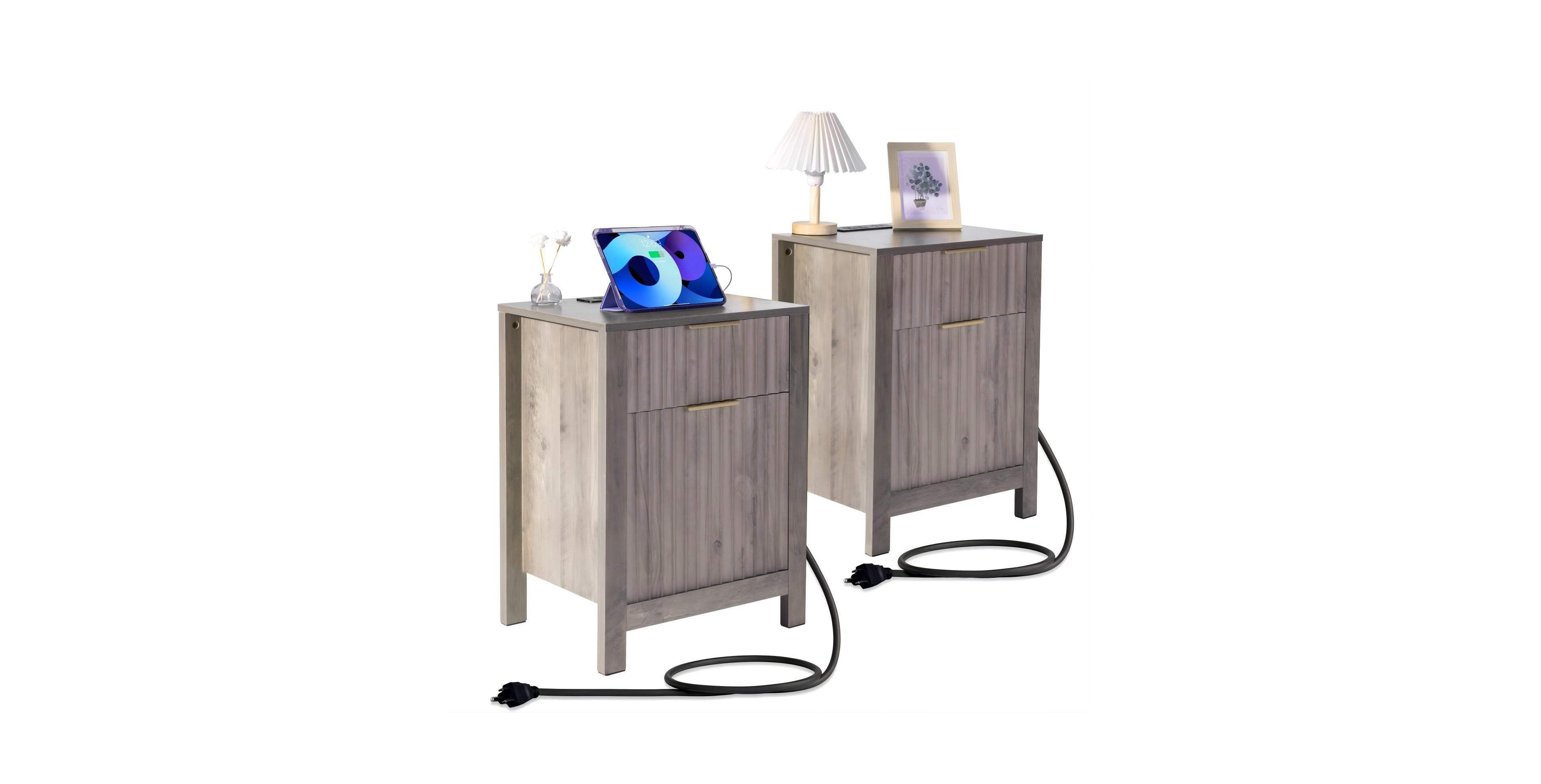 Sugift Farmhouse 2-Piece Nightstand Set with Built-In Charging Station