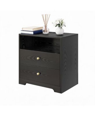 Nightstand Set of 2 with Charging Station - 2 Drawers and Open Shelf, Easy Assembly