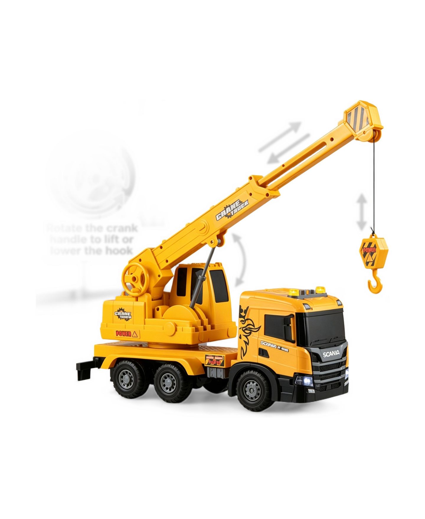 Детская игрушка SEVORLEY Scania Friction-Drive Moveable Hook Water-Spray Crane Truck Toy, цвет: Жёлтый — фото 7