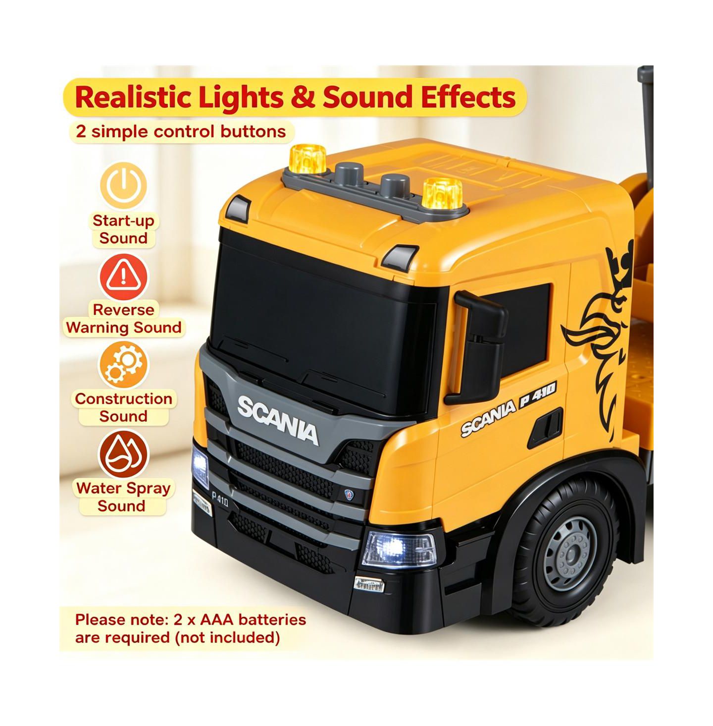 Детская игрушка SEVORLEY Scania Friction-Drive Moveable Hook Water-Spray Crane Truck Toy, цвет: Жёлтый — фото 9