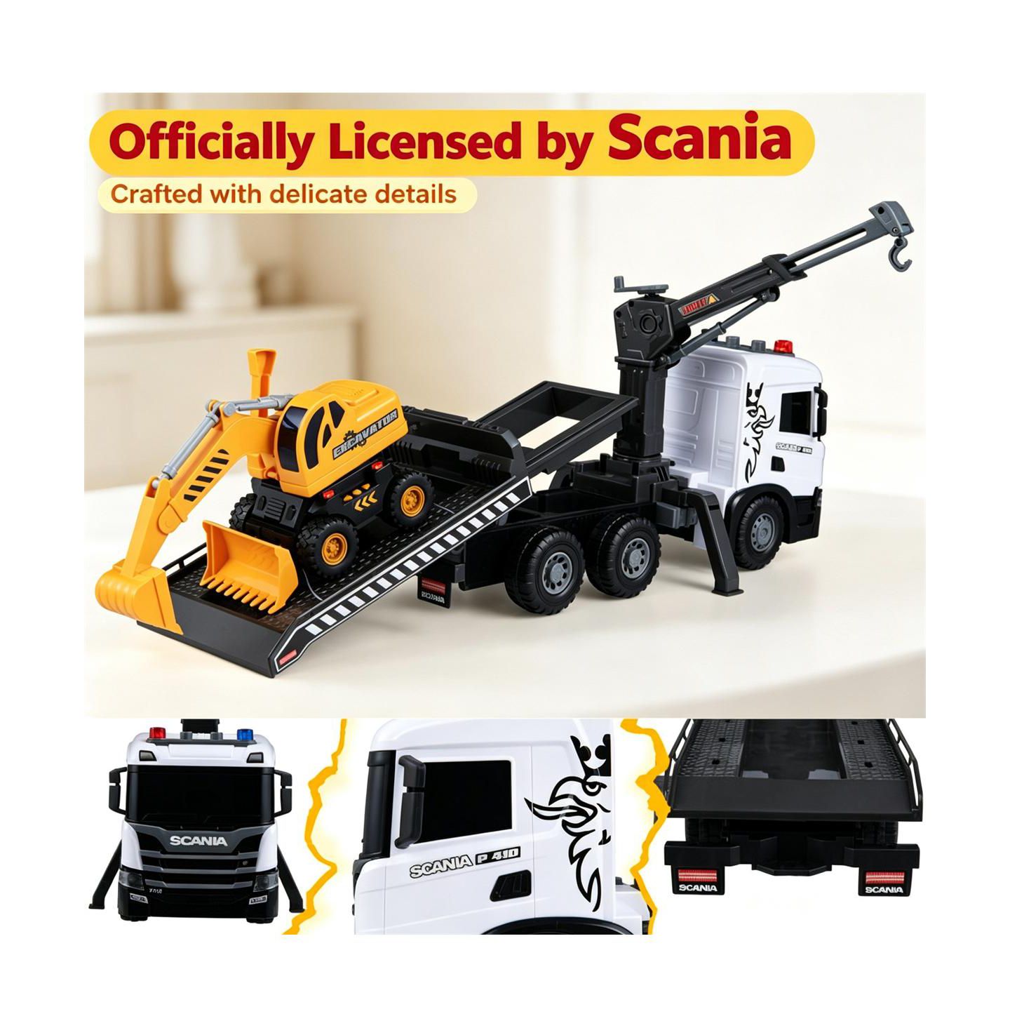 Детские игрушки SEVORLEY Scania Licensed Friction Drive Construction Vehicle Toy Set with Tow Truck and Excavator, 2-Piece Set, цвет: Белый чёрный — фото 8