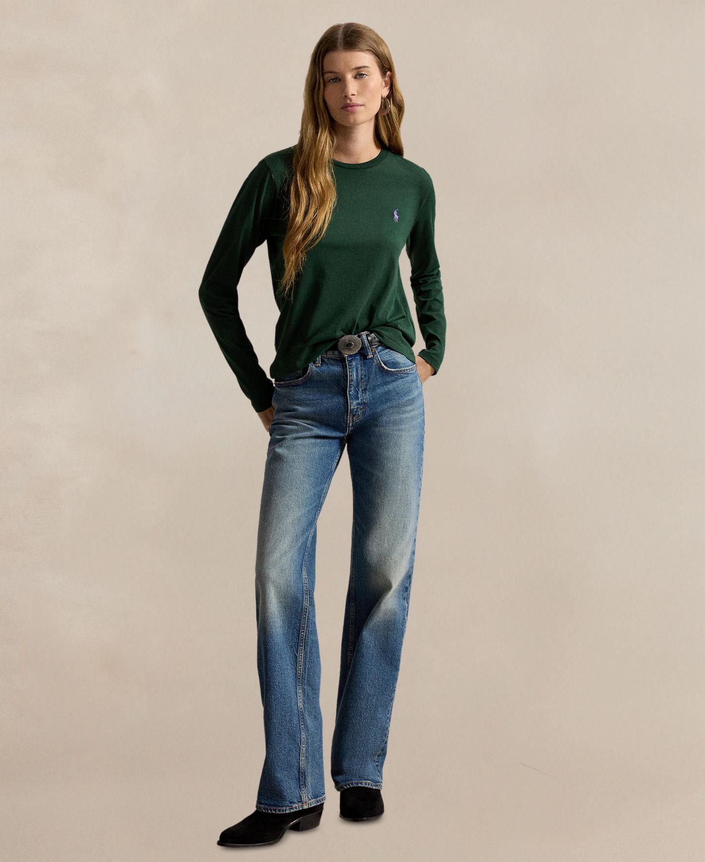 Женская футболка Polo Ralph Lauren Classic Fit Long-Sleeve Crewneck, цвет: Тёмно-зелёный — фото 2