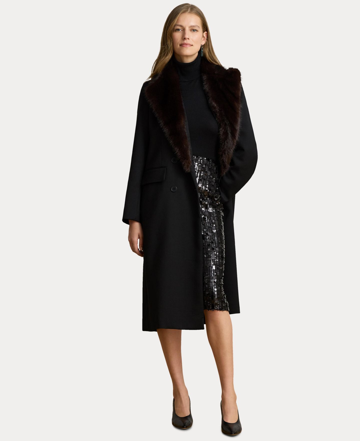 Женское пальто Lauren Ralph Lauren Petite Double-Breasted Faux-Fur Trim Crepe, цвет: Чёрный — фото 2