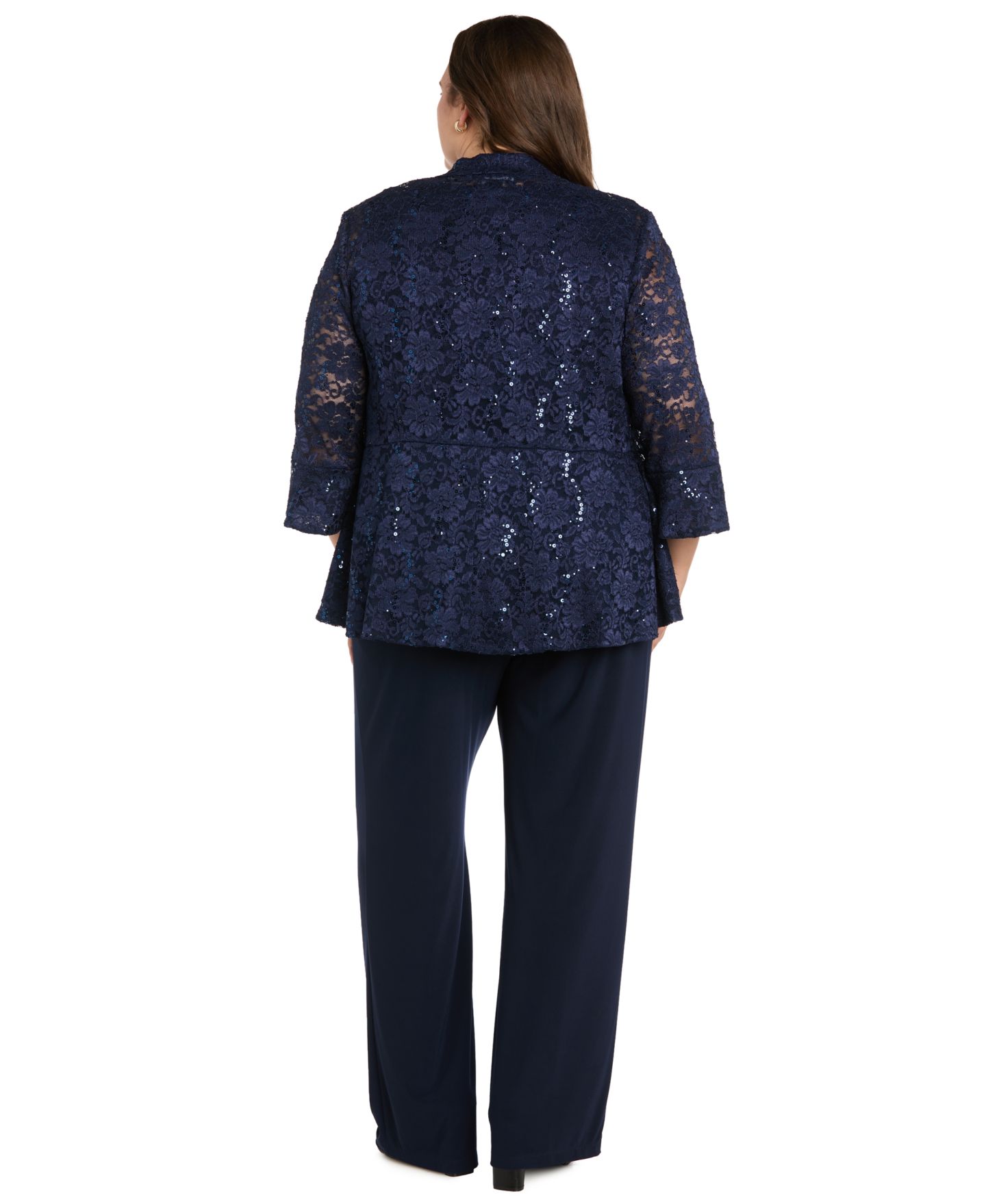 R & M Richards Plus Size Sequin Lace Wide-Leg Jacket, Tank, and Pants, 3-Piece Set, цвет: Тёмно-синий — фото 5