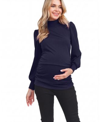 Women's Puff-Shoulder Ribbed Mock-Neck Top