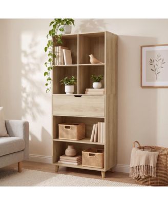72.05 Inch MDF 6-Shelf Bookcase with Bottom Drawer and Open Storage