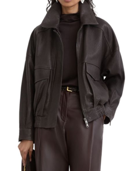 Женская куртка REISS Relaxed Leather Bomber, цвет: Коричневый