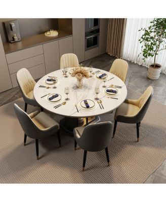59.06" Modern Extendable Round Dining Table for 6, Glossy Sintered Stone Tabletop, Solid Wood Base with Glass Door, Dining Table with Storage