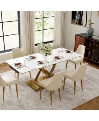 55"-79" Modern Luxury Extendable Dining Table for 4-6 Glossy Sintered Stone Top with Titanium Gold X-Base