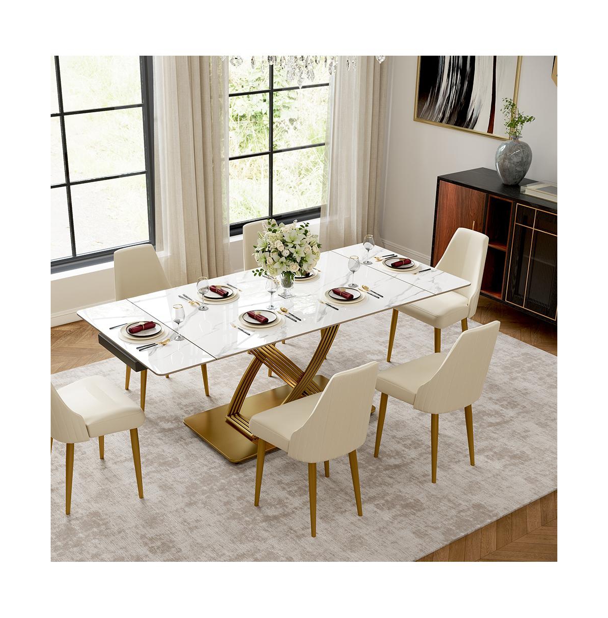 Povison 55"-79" Modern Luxury Extendable Dining Table for 4-6 Glossy Sintered Stone Top with Titanium Gold X-Base