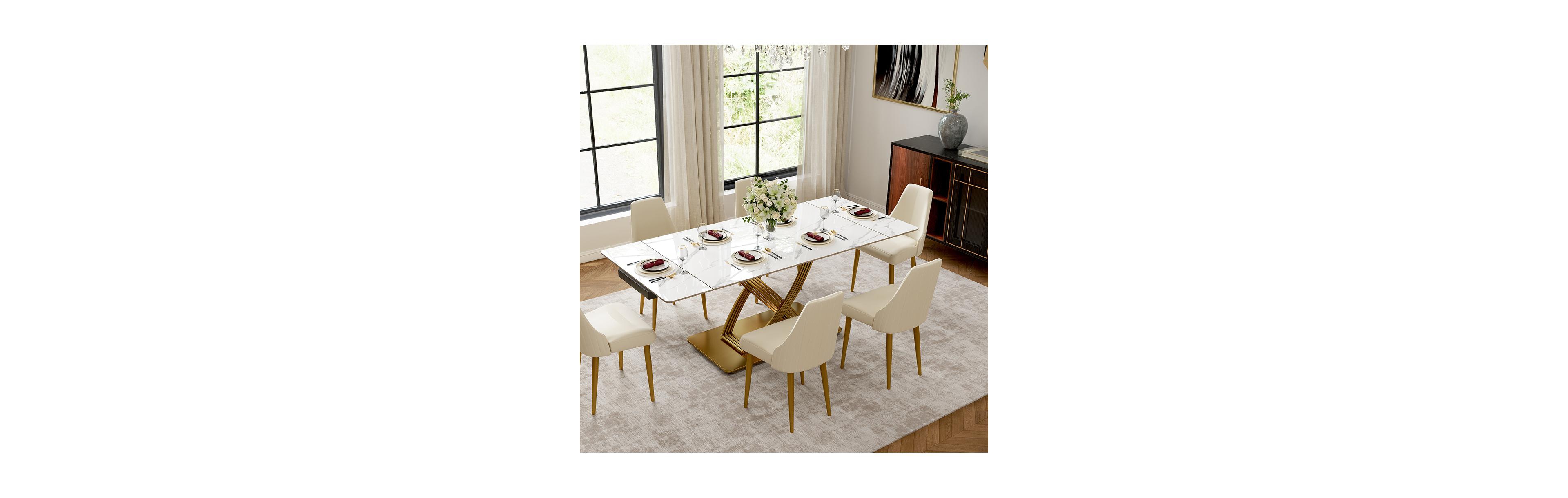 Povison 55"-79" Modern Luxury Extendable Dining Table for 4-6 Glossy Sintered Stone Top with Titanium Gold X-Base