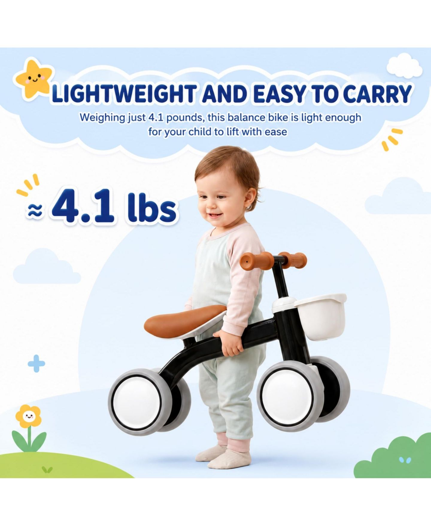 Детская игрушка homfan Pedal-Free Balance Bike with Adjustable Seat and Front Basket, Ages 1-2 Years, цвет: Чёрный — фото 4
