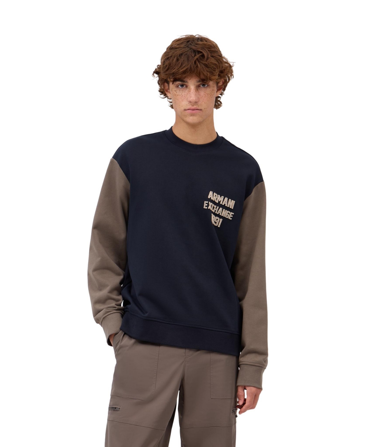 A|X Armani Exchange Men's Long Sleeve Color-Block Crewneck Sweatshirt