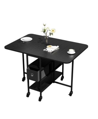 3-in-1 Folding Dining Table for 6, Expandable Drop-Leaf Kitchen Table with Storage, Locking Casters