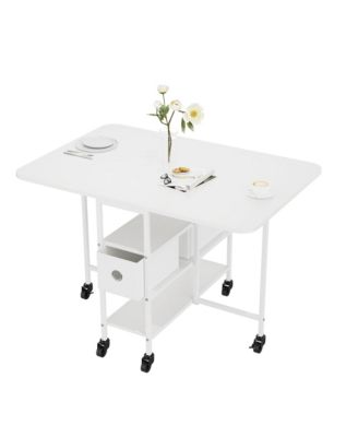 3-in-1 Folding Dining Table for 6, Expandable Drop-Leaf Kitchen Table with Storage, Locking Casters