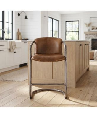 Leather Upholstered Counter Stool with Footrest, Bar Chair, Brushed Nickel